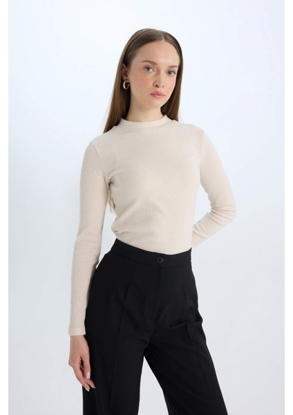 Regular Fit Basic Düz Fitilli Kaşkorse Uzun Kollu Tişört E0296AX24WN
