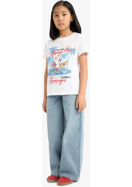 Kız Çocuk Bisiklet Yaka Baskılı Kısa Kollu Tişört E0383A825SM