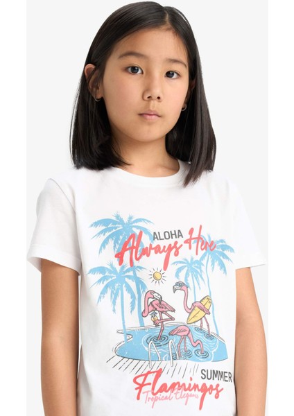 Kız Çocuk Bisiklet Yaka Baskılı Kısa Kollu Tişört E0383A825SM