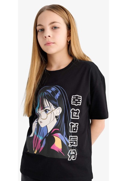 Kız Çocuk Relax Fit Bisiklet Yaka Baskılı Kısa Kollu Tişört E0389A825SM