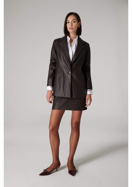 Sorbe x DeFacto Oversize Geniş Kalıp Ceket Yaka Suni Deri Düğmeli Blazer Ceket D9714AX24AU