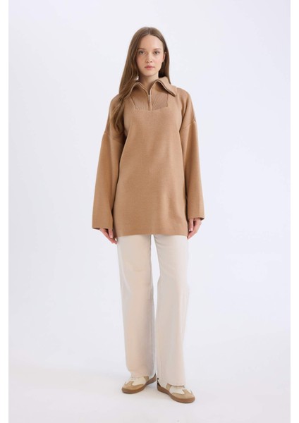 Regular Fit Fermuarlı Dik Yaka Triko Kazak Tunik B0191AX24WN