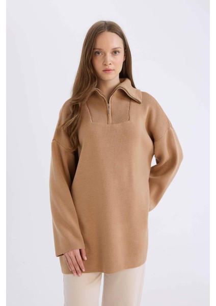 Regular Fit Fermuarlı Dik Yaka Triko Kazak Tunik B0191AX24WN