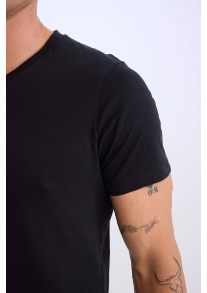 %100 Pamuk Regular Fit V Yaka Pamuklu Basic Düz Kısa Kollu Siyah Tişört D7938AX25SP