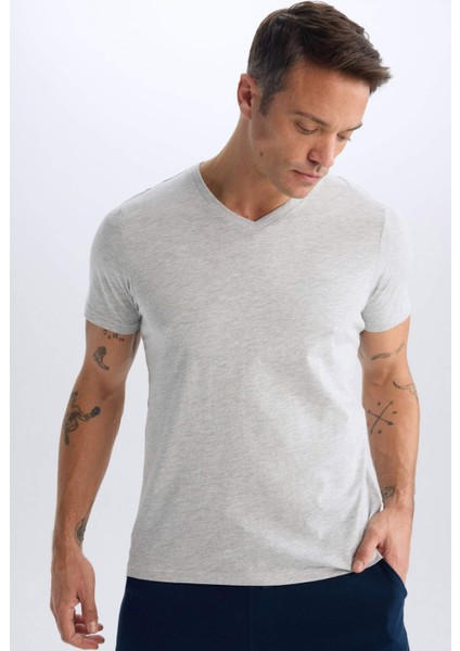 %100 Pamuk Regular Fit V Yaka Pamuklu Basic Düz Kısa Kollu Tişört D7938AX25SP