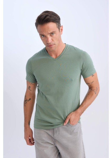 %100 Pamuk Regular Fit V Yaka Pamuklu Basic Düz Kısa Kollu Tişört D7938AX25SP