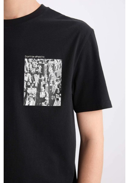 %100 Pamuk Regular Fit Bisiklet Yaka Baskılı Kısa Kollu Tişört E0583AX25SM