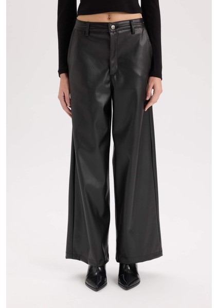 Culotte Suni Deri Kışlık Pantolon Cepli Yüksek Bel Geniş Paça D9372AX24AU