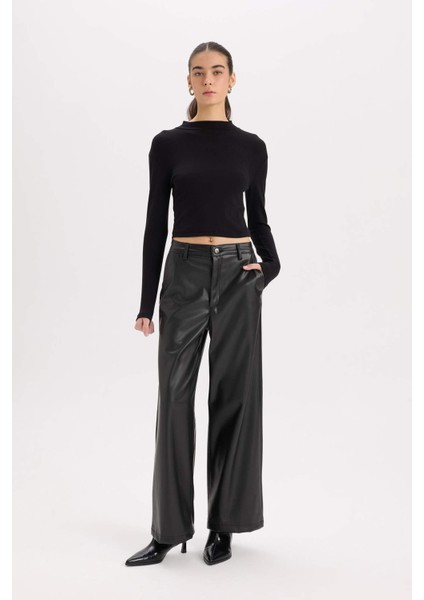 Culotte Suni Deri Kışlık Pantolon Cepli Yüksek Bel Geniş Paça D9372AX24AU