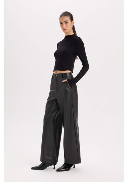 Culotte Suni Deri Kışlık Pantolon Cepli Yüksek Bel Geniş Paça D9372AX24AU