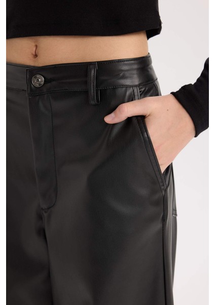Culotte Suni Deri Kışlık Pantolon Cepli Yüksek Bel Geniş Paça D9372AX24AU