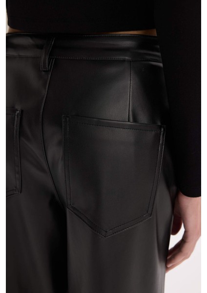 Culotte Suni Deri Kışlık Pantolon Cepli Yüksek Bel Geniş Paça D9372AX24AU