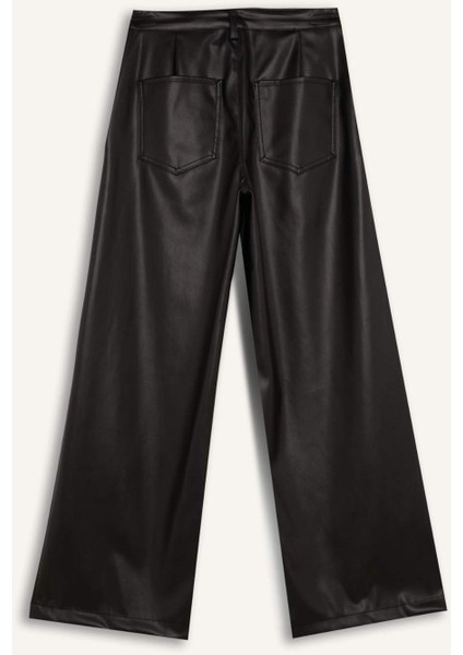 Culotte Suni Deri Kışlık Pantolon Cepli Yüksek Bel Geniş Paça D9372AX24AU