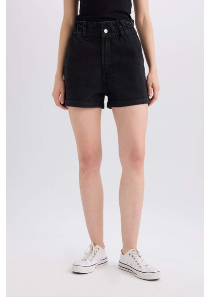 Paperbag Yüksek Bel Katlamalı Paça Jean Şort