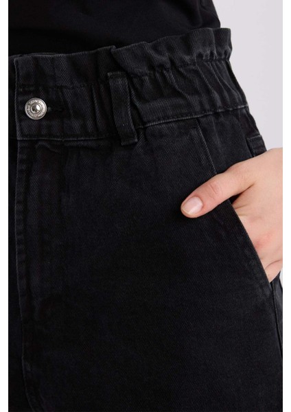 Paperbag Yüksek Bel Katlamalı Paça Jean Şort