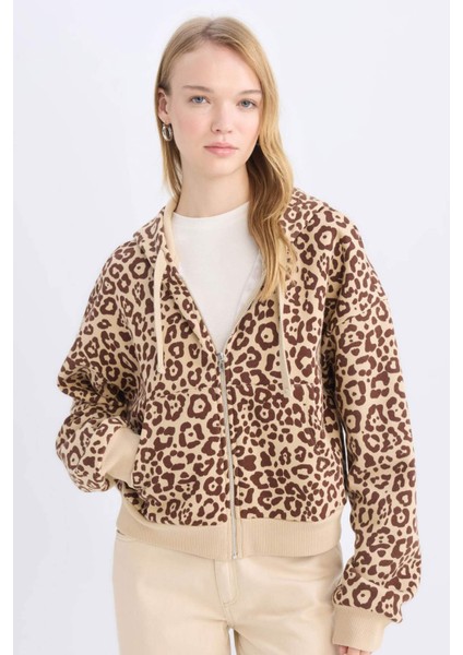 Coool Loose Fit Leopar Desenli Kapüşonlu Fermuarlı Sweatshirt E0780AX24WN