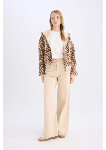 Coool Loose Fit Leopar Desenli Kapüşonlu Fermuarlı Sweatshirt E0780AX24WN