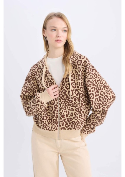 Coool Loose Fit Leopar Desenli Kapüşonlu Fermuarlı Sweatshirt E0780AX24WN