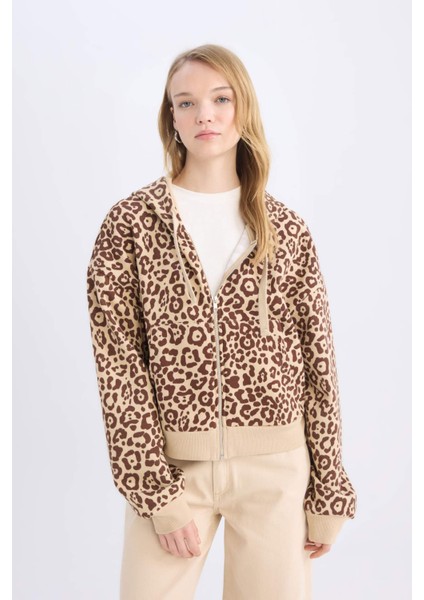 Coool Loose Fit Leopar Desenli Kapüşonlu Fermuarlı Sweatshirt E0780AX24WN