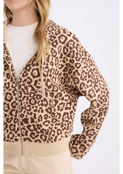 Coool Loose Fit Leopar Desenli Kapüşonlu Fermuarlı Sweatshirt E0780AX24WN