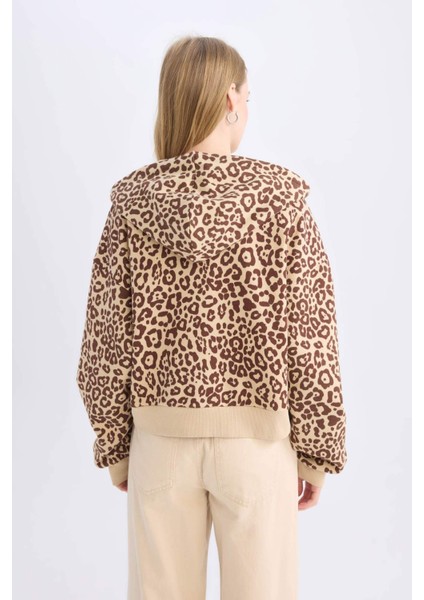 Coool Loose Fit Leopar Desenli Kapüşonlu Fermuarlı Sweatshirt E0780AX24WN
