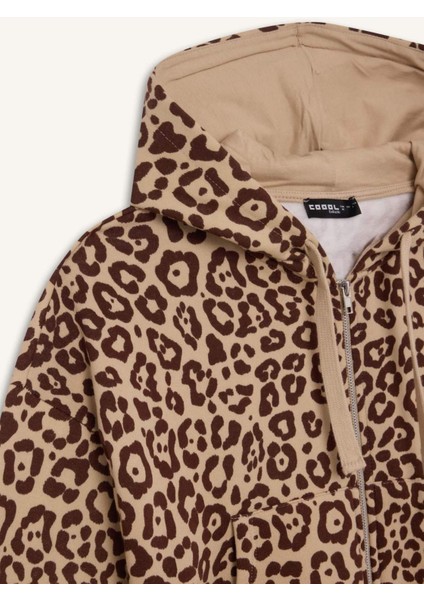 Coool Loose Fit Leopar Desenli Kapüşonlu Fermuarlı Sweatshirt E0780AX24WN