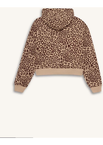 Coool Loose Fit Leopar Desenli Kapüşonlu Fermuarlı Sweatshirt E0780AX24WN