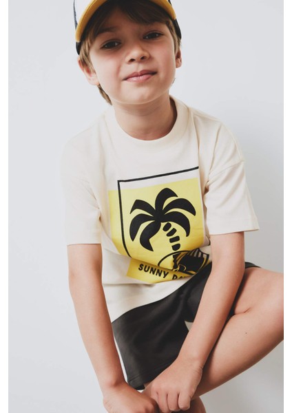 Erkek Bebek 2'li Takım Palmiye Desenli Kısa kollu Tişört Beli Lastikli Şort