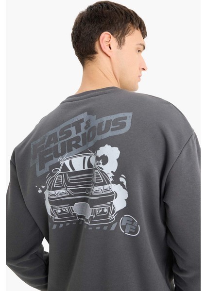 Fast & Furious Boxy Fit Bisiklet Yaka Sırt Baskılı Kalın Sweatshirt E1115AX25SP