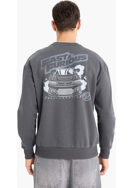 Fast & Furious Boxy Fit Bisiklet Yaka Sırt Baskılı Kalın Sweatshirt E1115AX25SP