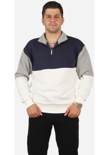 5719 Dik Yaka Yarım Fermuarlı Parçalı Üç Iplik Şardonlu Sweat