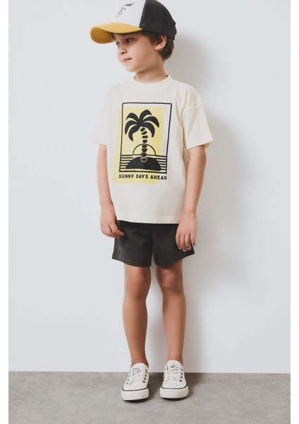 Erkek Bebek 2'li Takım Palmiye Desenli Kısa kollu Tişört Beli Lastikli Şort