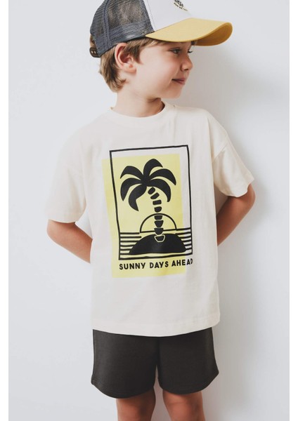 Erkek Bebek 2'li Takım Palmiye Desenli Kısa kollu Tişört Beli Lastikli Şort