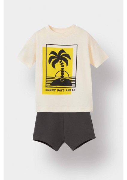 Erkek Bebek 2'li Takım Palmiye Desenli Kısa kollu Tişört Beli Lastikli Şort