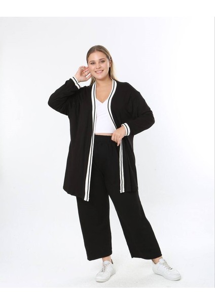 Kadın Büyük Beden Şerit Detaylı Uzun Kollu Ön Açık Esnek Viskon Hırka 25001 Siyah
