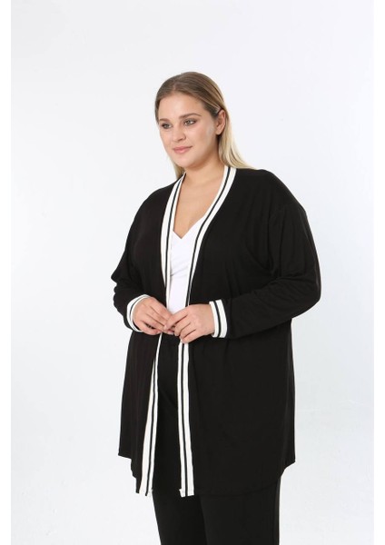 Kadın Büyük Beden Şerit Detaylı Uzun Kollu Ön Açık Esnek Viskon Hırka 25001 Siyah modelleri