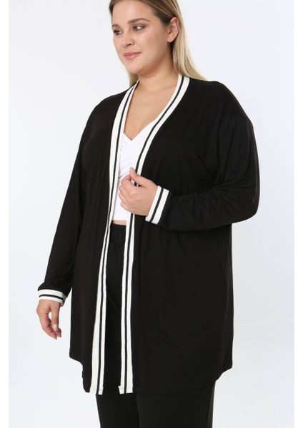Kadın Büyük Beden Şerit Detaylı Uzun Kollu Ön Açık Esnek Viskon Hırka 25001 Siyah fırsatları