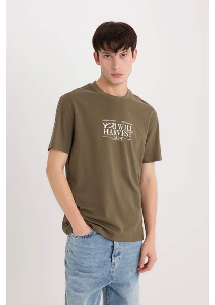 %100 Pamuk Regular Fit Bisiklet Yaka Baskılı Kısa Kollu Tişört D6204AX25SP