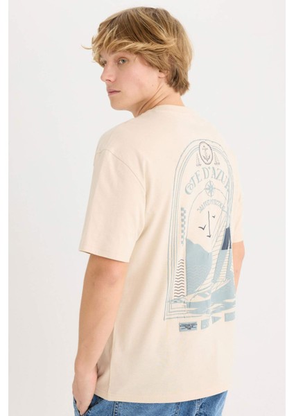 %100 Pamuk Boxy Fit Bisiklet Yaka Sırt Baskılı Kısa Kollu Tişört D7815AX25SP