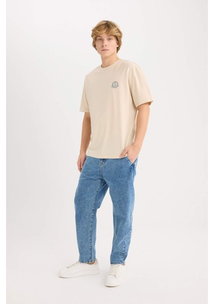 %100 Pamuk Boxy Fit Bisiklet Yaka Sırt Baskılı Kısa Kollu Tişört D7815AX25SP