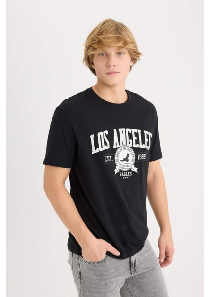 %100 Pamuk Regular Fit Bisiklet Yaka Baskılı Kısa Kollu Tişört D5577AX25SP