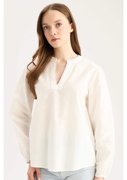 Regular Fit Bisiklet Yaka Flamlı Pamuk Uzun Kollu Bluz D8809AX25SP