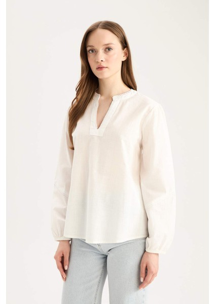 Regular Fit Bisiklet Yaka Flamlı Pamuk Uzun Kollu Bluz D8809AX25SP