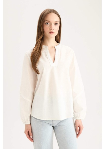 Regular Fit Bisiklet Yaka Flamlı Pamuk Uzun Kollu Bluz D8809AX25SP