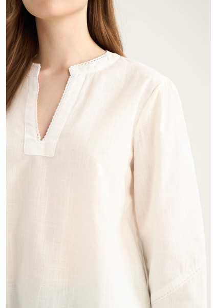 Regular Fit Bisiklet Yaka Flamlı Pamuk Uzun Kollu Bluz D8809AX25SP