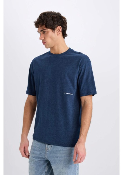 %100 Pamuk Boxy Fit Bisiklet Yaka Baskılı Kısa Kollu Tişört C2138AX25SP