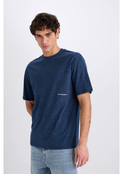 %100 Pamuk Boxy Fit Bisiklet Yaka Baskılı Kısa Kollu Tişört C2138AX25SP