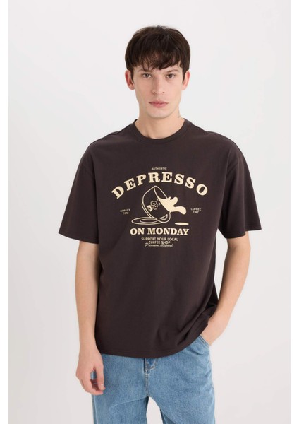 %100 Pamuk Boxy Fit Bisiklet Yaka Baskılı Kısa Kollu Tişört D5589AX25SP