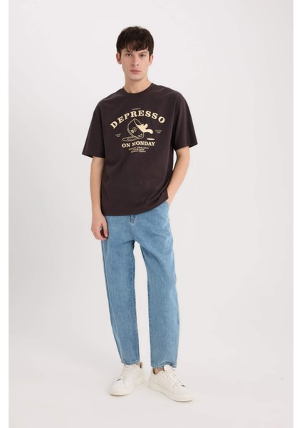 %100 Pamuk Boxy Fit Bisiklet Yaka Baskılı Kısa Kollu Tişört D5589AX25SP