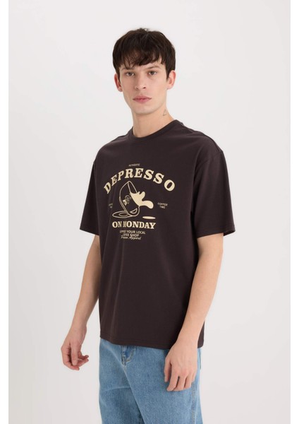 %100 Pamuk Boxy Fit Bisiklet Yaka Baskılı Kısa Kollu Tişört D5589AX25SP